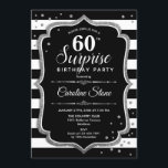 Överraskad 60:e födelsedag - Svarta vita Silver Inbjudningar<br><div class="desc">Överraskande 60:e födelsedagsinbjudan. Klassdesign med svart och vitt rand,  skript och glitter silver. Perfekt för ett elegant födelsedagsfest. Kan vara personlig att visa vilken ålder som helst. Berätta om du behöver anpassa dig ytterligare.</div>