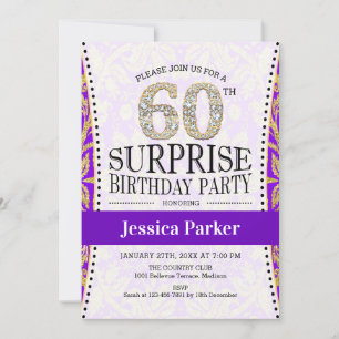 Överraskad 60:e födelsedag - Vit Guld Lila Inbjudningar