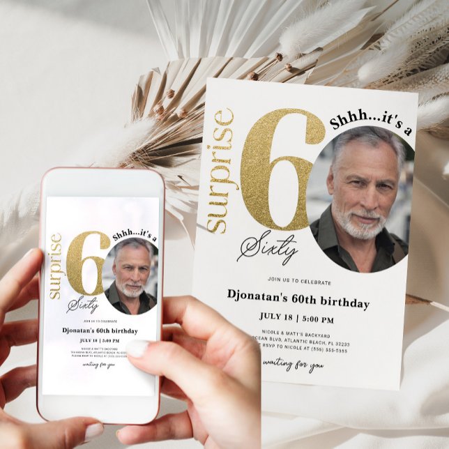 Överraskad 60:e Guld-födelsedagsinbjudan med foto Inbjudningar (Surprise 60th birthday invitation)