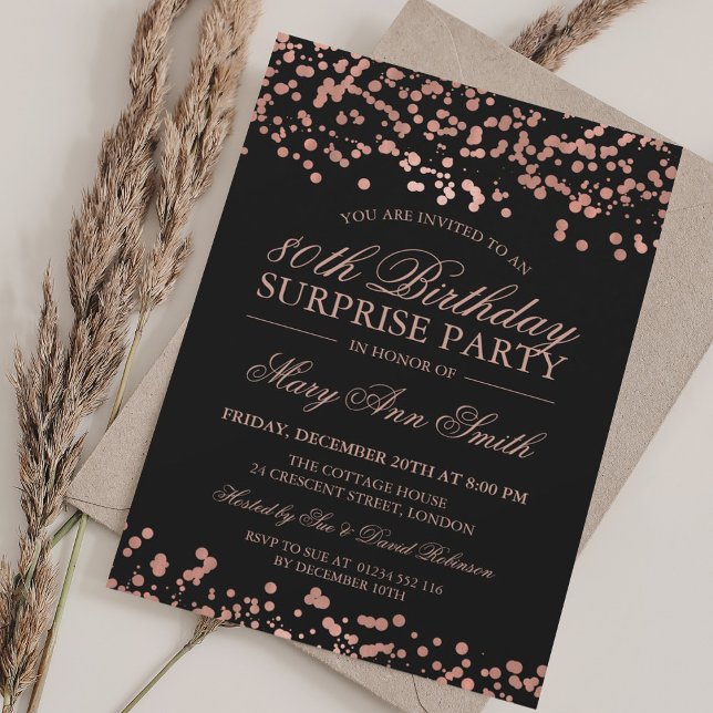 Överraskad 80:e Födelsedagsfesten Ro guldolja Inbjudningar (Surprise 80th Birthday Party Rose Gold Foil Invitation)