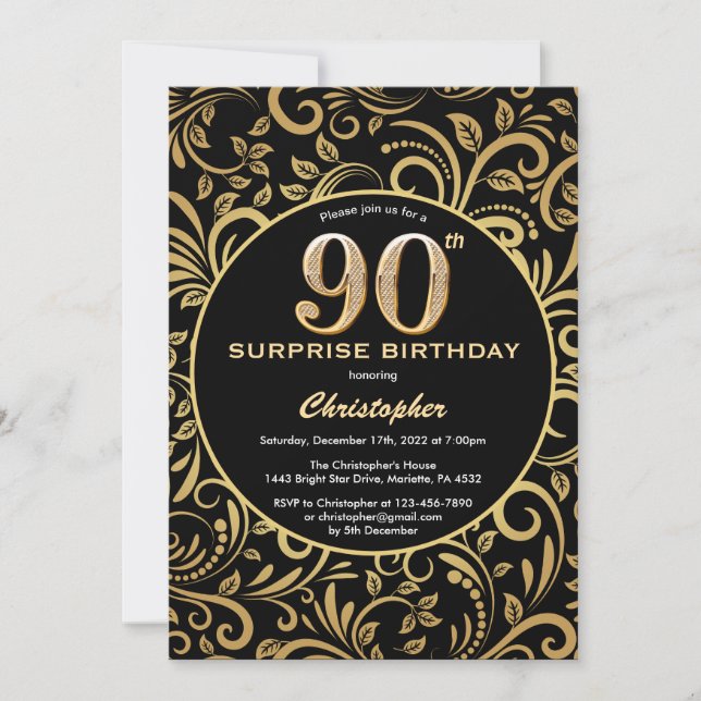 Överraskad 90:e Birthday Black and Guld Blommigt Inbjudningar (Framsida)