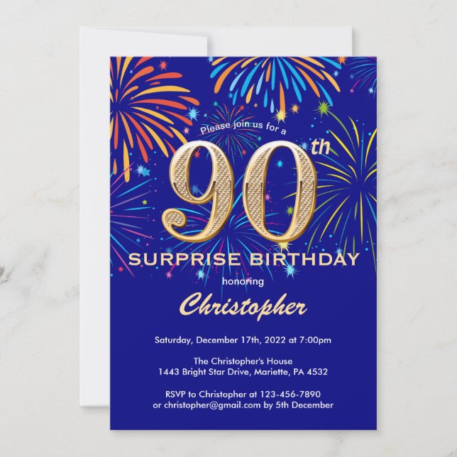 Överraskad 90:e Birthday Navy Blue & Guld Firework Inbjudningar (Framsida)