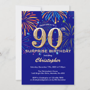 Överraskad 90:e Birthday Navy Blue & Guld Firework Inbjudningar