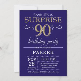 Överraskad 90:e Birthday Navy Blue och Guld Glitte Inbjudningar