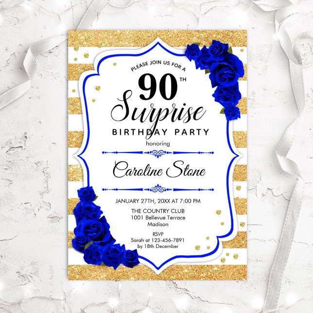 Överraskad 90:e födelsedag - Guld White Royal Blue Inbjudningar (Skapare uppladdad)
