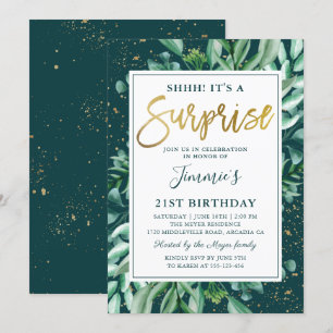Överraskad Birthday Chic Greenery Guld Glitter Inbjudningar