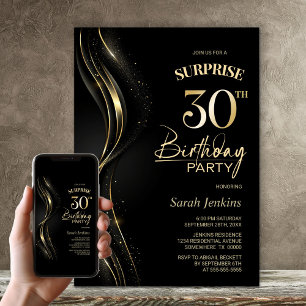 Överraskad Black Guld 30års födelsedag Party Inbjudningar