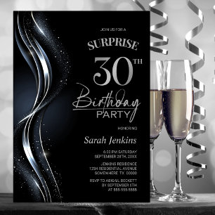 Överraskad Black Silver 30års födelsedag Party Inbjudningar