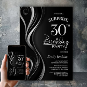 Överraskad Black Silver 30års födelsedag Party Inbjudningar
