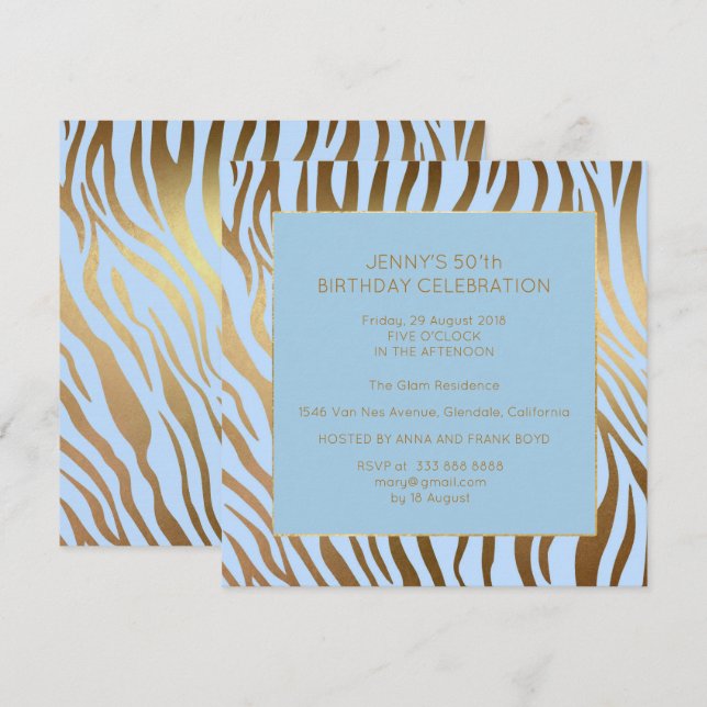 Överraskad Födelsedagsfest Blue Guld Zebra Inbjudningar (Fram/baksida)