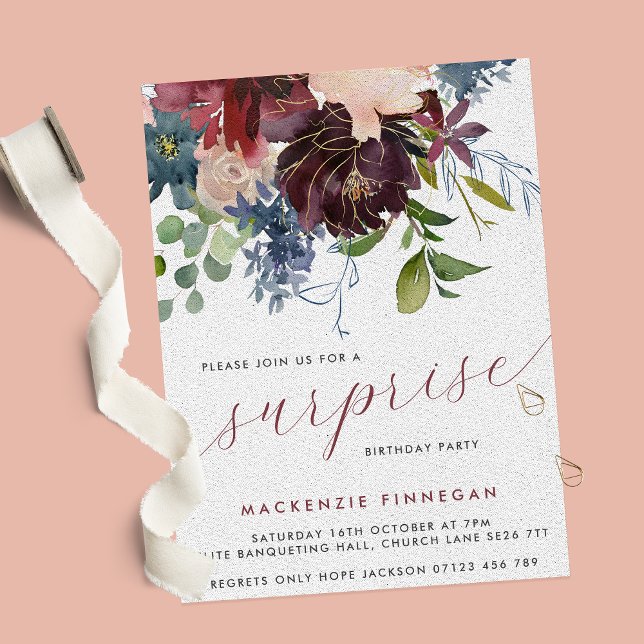 Överraskad Födelsedagsfest Burgundy & Navy Blommig Inbjudningar (Skapare uppladdad)