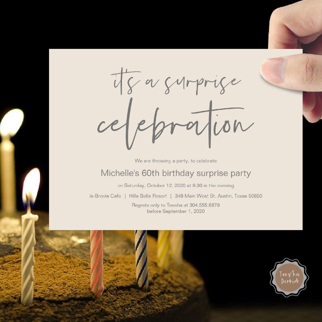 Överraskad Födelsedagsfest Firande Inbjudningar (Surprise Birthday Party Celebration Invitation Card, PDF, in Cream and Dark Grey)