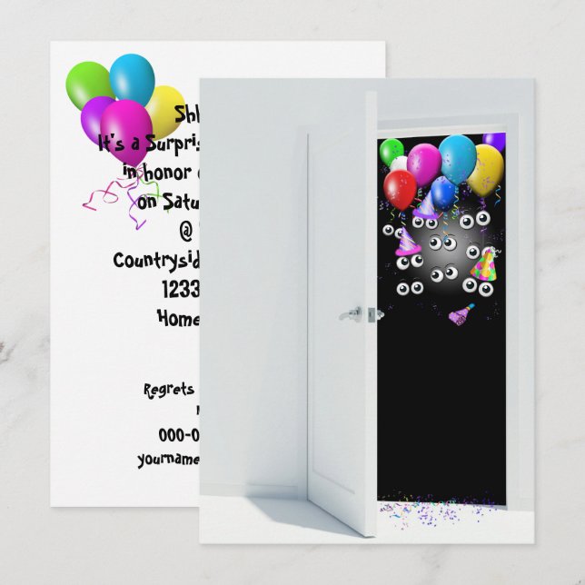Överraskad Födelsedagsfest inbjudan med ballonger. (Fram/baksida)