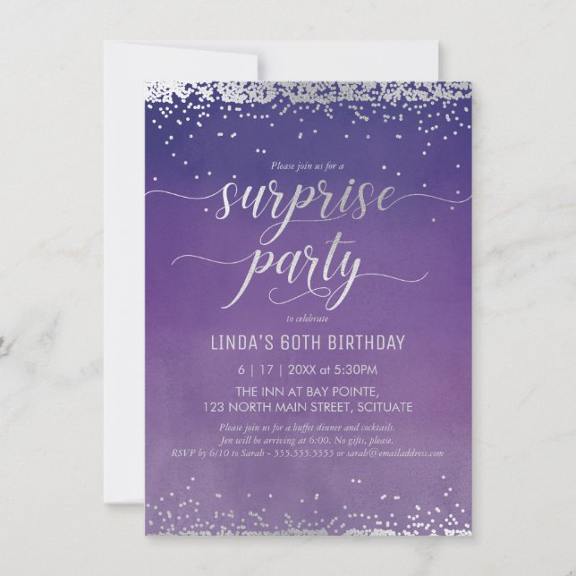 Överraskad Födelsedagsfest - Vattenfärg, Silver Inbjudningar (Framsida)