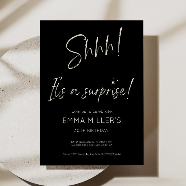 Överraskad Inbjudan-minimalistisk svart Inbjudningar (minimalist black surprise invite, elegant surprise birthday invitation, modern black party invite, s)