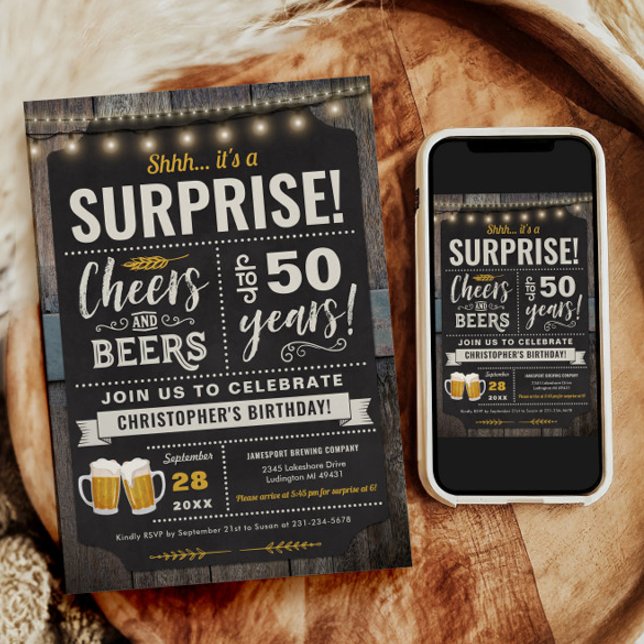 Överraskad ost och Öl 50:e födelsedagsinbjudan Inbjudningar (Surprise Cheers and Beers 50th Birthday Invitation)