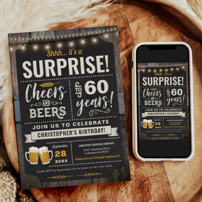 Överraskad ost och Öl 60:e födelsedagsinbjudan Inbjudningar (Surprise Cheers and Beers 60th Birthday Invitation)