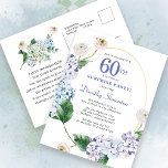 Överraskad Party Hydrangea Ro 60:e födelsedagen Vykort<br><div class="desc">Blå vattenblommor och  ro-blommigtar dekorerar en guld oval ram. En öppen och vettig modern botanik.</div>