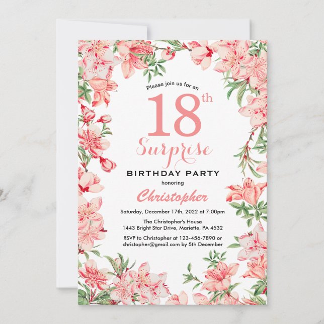 Överraskande 18:e födelsedag Rosa Boho Botanical B Inbjudningar (Framsida)