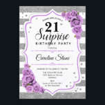 Överraskande 21:a födelsedag - Silver White Lila Inbjudningar<br><div class="desc">Överraskad 21:a födelsedagsinbjudan. Feminin vit lavendeldesign med faux glitter silver. Funktioner rand,  pastel lila ro,  skriptteckensnitt och kontur. Perfekt för ett elegant födelsedagsfest. Kan vara personlig att visa vilken ålder som helst. Berätta om du behöver anpassa dig ytterligare.</div>