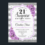 Överraskande 21:a födelsedag - Silver White Lila Inbjudningar<br><div class="desc">Överraskad 21:a födelsedagsinbjudan. Feminin vit lavendeldesign med faux glitter silver. Funktioner rand,  pastel lila ro,  skriptteckensnitt och kontur. Perfekt för ett elegant födelsedagsfest. Kan vara personlig att visa vilken ålder som helst. Berätta om du behöver anpassa dig ytterligare.</div>