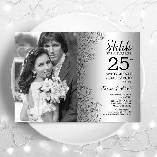 Överraskande 25-årsdag med Photo Silver Blommigt Inbjudningar (Skapare uppladdad)