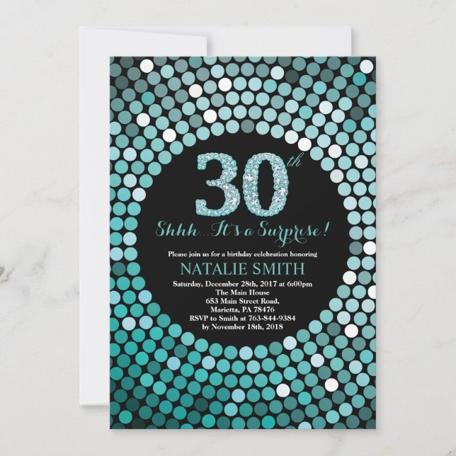 Överraskande 30års födelsedag Black och Teal Glitt Inbjudningar (Framsida)