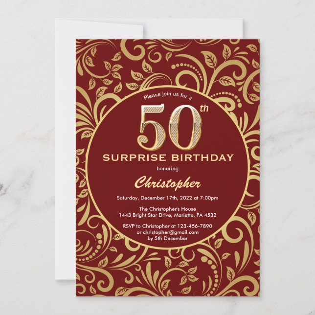 Överraskande 50:e födelsedag Burgundy Red & Guld B Inbjudningar (Framsida)