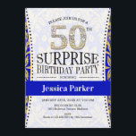 Överraskande 50:e födelsedag - Vita Guld-Royalet b Inbjudningar<br><div class="desc">Överraskande 50 Födelsedagsfest inbjudan. Elegantens utformning i faux glitter guld,  vit och royal blå.</div>