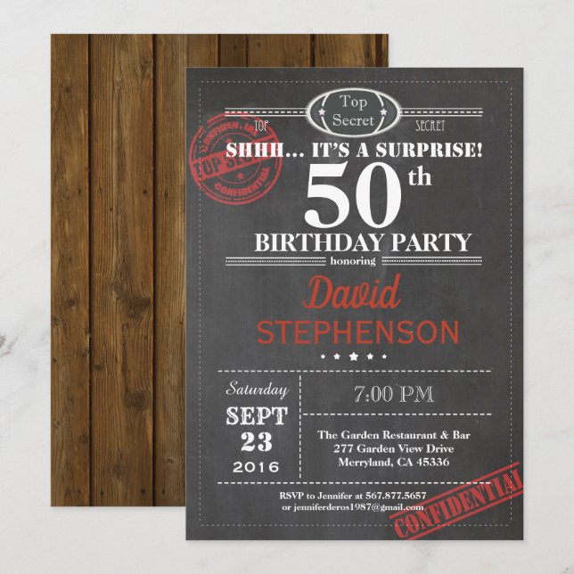 Överraskande 50:e födelsedagsfest inbjudan för man (Fram/baksida)