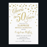 Överraskande 50:e Födelsedagsfesten - Guld White Inbjudningar<br><div class="desc">Överraskande 50:e Eleganten i Födelsedagsfest inbjudan med faux glitter guld och vit. Har skript-typsnitt och -konfiguration. Skål för 50 år! Berätta om du behöver en anpassningsbar ålder.</div>