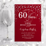 Överraskande 60:e Födelsedagsfesten - Röda Silver Inbjudningar<br><div class="desc">Överraskande 60 Födelsedagsfest inbjudan. Utformning av eleganten i mörk röd och faux glitter silver. Med skriptteckensnitt och diamanter konfigureras. Skål till 60 år! Berätta om du behöver anpassa dig ytterligare.</div>