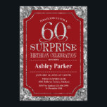 Överraskande 60:e Födelsedagsfesten - Silver Red Inbjudningar<br><div class="desc">Överraskad 60:e födelsedagsfirandeinbjudan. Utformning av elegant i mörk röd och faux glitter silver mönster. Elegantens skriptteckensnitt för funktioner. Berätta om du behöver anpassa dig ytterligare.</div>