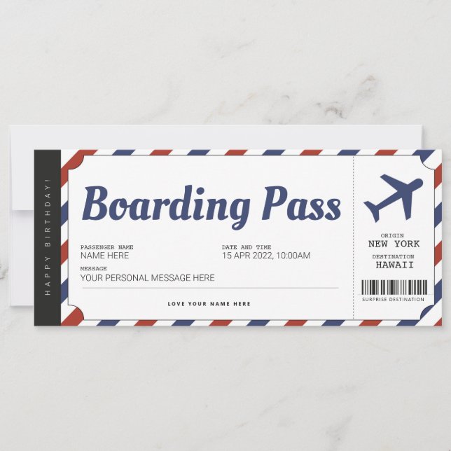 Överraskande Boardingpass Flygplanspresent Biljett Inbjudningar (Framsida)