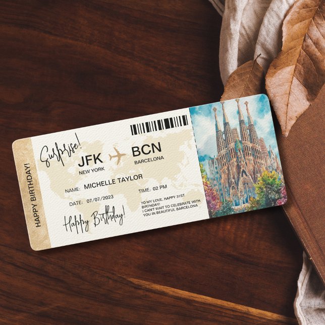 Överraskande födelsedagspass Resa Biljett Inbjudningar (surprise boarding pass ticket trip to barcelona with watercolor illustrated map)