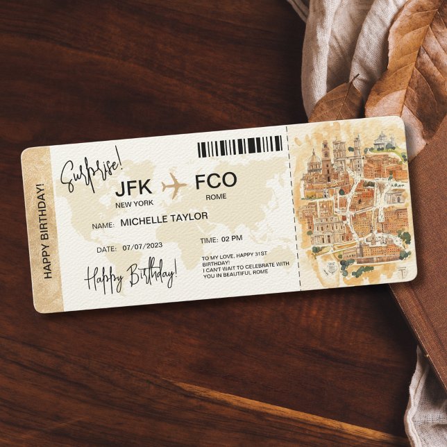 Överraskande födelsedagspass Resa Biljett Inbjudningar (surprise boarding pass ticket trip to rome with watercolor illustrated map)