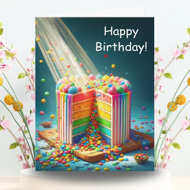 Överraskande Födelsedagstårta med Regnbåge Kort (Vibrant hues cascade on this birthday card, a sweet surprise awaits inside.)