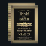 Överraskande Pension Party Shhh! Elegant Black Gul Spara Datumet<br><div class="desc">Kan du behålla en hemlighet? Kolleger, medarbetare, familj och vänner i inbjudan till en elegant och spännande överraskning pension firande med anpassningsbar svart och faux guld-folie sparar datuminbjudningarna. Alla formuleringar i den här mallen är enkla att anpassa, inklusive meddelandet "Shhh!! "Det är en SURPRISE." Utformningen har en modern stripe-gräns, klassisk...</div>