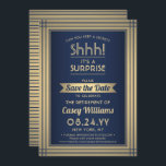 Överraskande Pension Party Shhh! Tunga Blue & Guld Spara Datumet<br><div class="desc">Kan du behålla en hemlighet? Kolleger, medarbetare, familj och vänner i inbjudan till en elegant och spännande överraskning pension firande med anpassningsbar marin blå och faux guld-folie sparar datuminbjudningarna. Alla formuleringar i den här mallen är enkla att anpassa, inklusive meddelandet "Shhh!! "Det är en SURPRISE." Utformningen har en modern stripe-gräns,...</div>