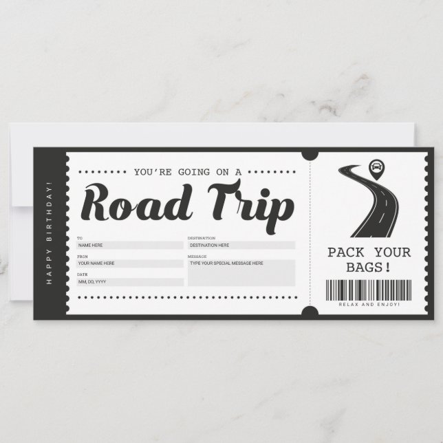 Överraskande Road Trip Biljett Gåva Voucher Certif Inbjudningar (Framsida)