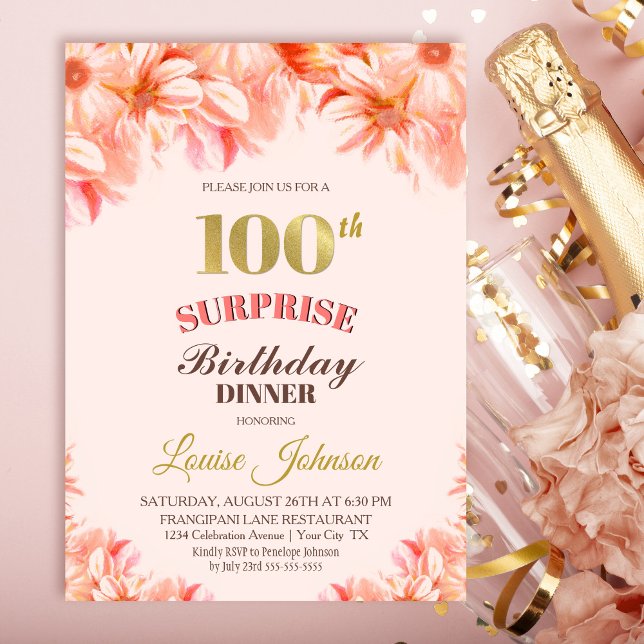 Överraskning 100-årsdag Rosa Guld Blommig Middag Inbjudningar (Skapare uppladdad)