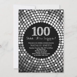 Överraskning 100-årsdag Svart och silver glitter Inbjudningar