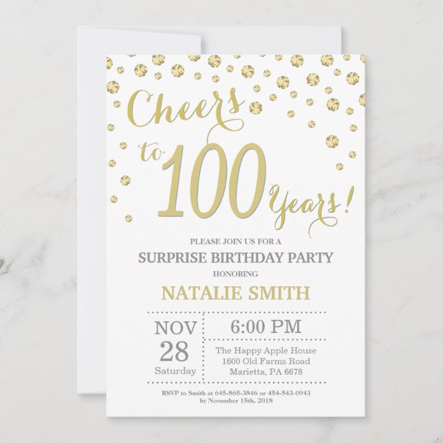Överraskning 100:e födelsedagen Guld Glitter Diamo Inbjudningar (Framsida)