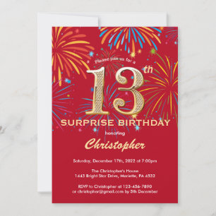 Överraskning 13:e födelsedag Röd & Guld regnbåge F Inbjudningar
