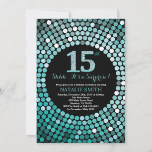Överraskning 15:e födelsedagen Black and Teal Glit Inbjudningar