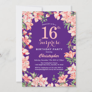 Överraskning 16:e Rosa Blommigt Flowers Lila Inbjudningar