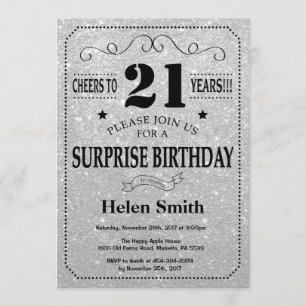 Överraskning 21:a födelsedagen Black och Silver Gl Inbjudningar