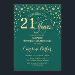 Överraskning 21:a födelsedagen Party - Emerald Grö Inbjudningar<br><div class="desc">Överraskad inbjudan till 21:a födelsedagspartiet. Elegantens utformning i emerald grönt och Faux glitter guld. Med skriptteckensnitt och diamanter konfigureras. Skål till 21 år! Berätta om du behöver anpassa dig ytterligare.</div>