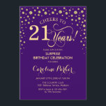 Överraskning 21:a födelsedagen Party - Lila Guld Inbjudningar<br><div class="desc">Överraskad inbjudan till 21:a födelsedagspartiet. Elegantens utformning i royalets lila och faux glitter guld . Med skriptteckensnitt och diamanter konfigureras. Skål till 21 år! Berätta om du behöver anpassa dig ytterligare.</div>