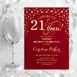 Överraskning 21:a födelsedagen Party - Röda Guld Inbjudningar<br><div class="desc">Överraskad inbjudan till 21:a födelsedagspartiet. Utformning av eleganten i mörk röd och faux glitter guld. Med skriptteckensnitt och diamanter konfigureras. Skål till 21 år! Berätta om du behöver anpassa dig ytterligare.</div>